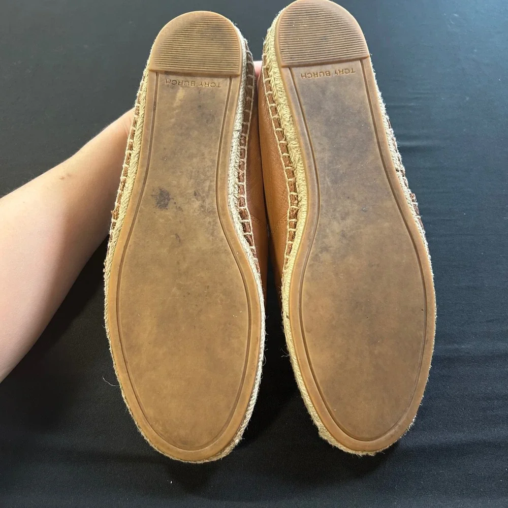 Tory Burch Women's Cognac Brown leather‎ jute espadrille flats logo